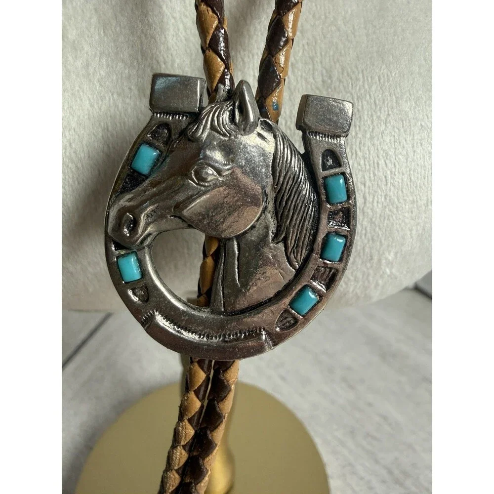 Western Horseshoe Horse Head Bolo Tie Faux Turquoise Inlay Silver Tone Slide